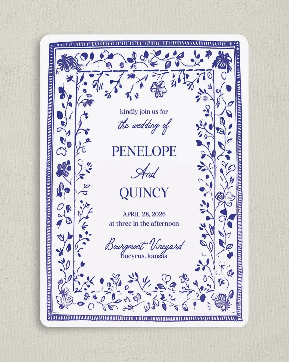 This is a 5" x 7" Rounded Wedding Invitation called Storybook Garden printed in full color on Premium Smooth paper