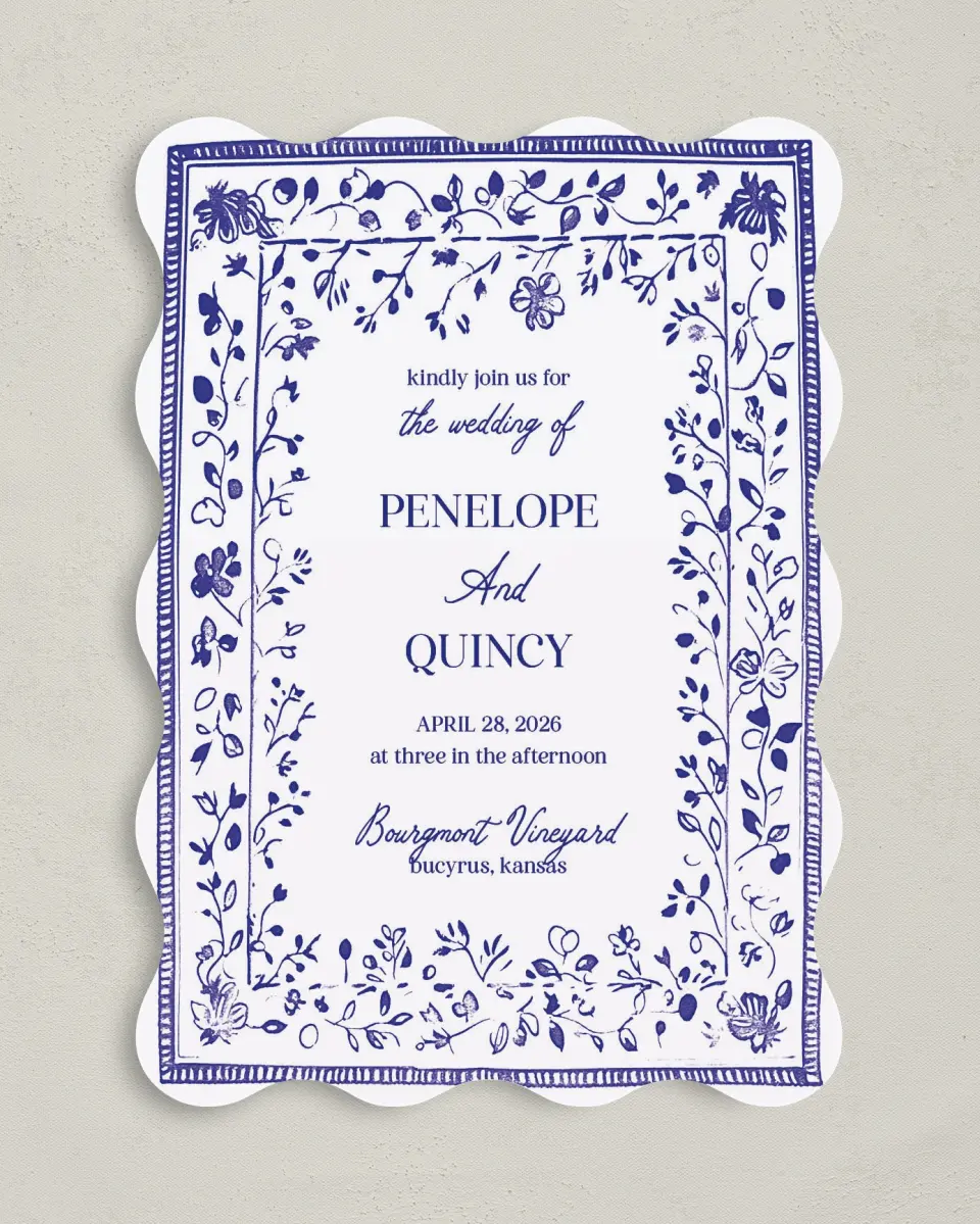 This is a 5" x 7" Wavy Wedding Invitation called Storybook Garden printed in full color on Premium Smooth paper