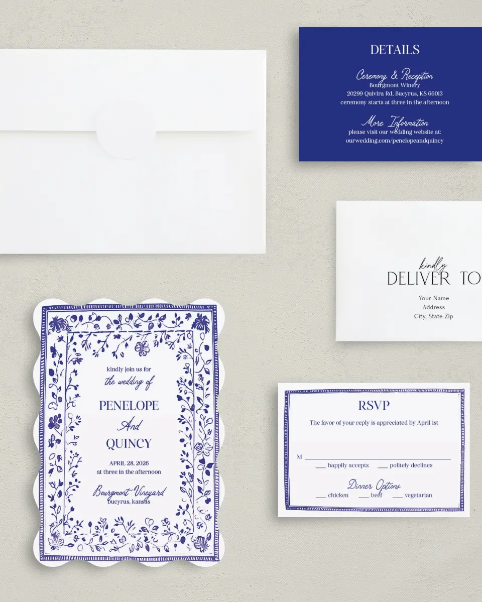 This is a 5" x 7" Wavy Wedding Invitation called Storybook Garden printed in full color with Silver foil on Luxe Satin (coated) paper