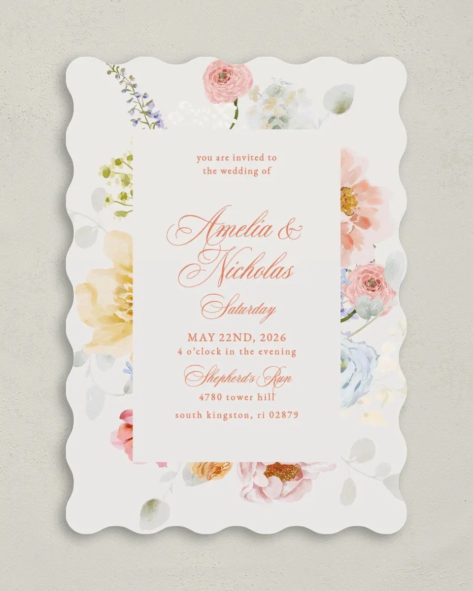 This is a 5" x 7" Wavy Wedding Invitation called Forever Favorite printed in full color on Premium Smooth paper