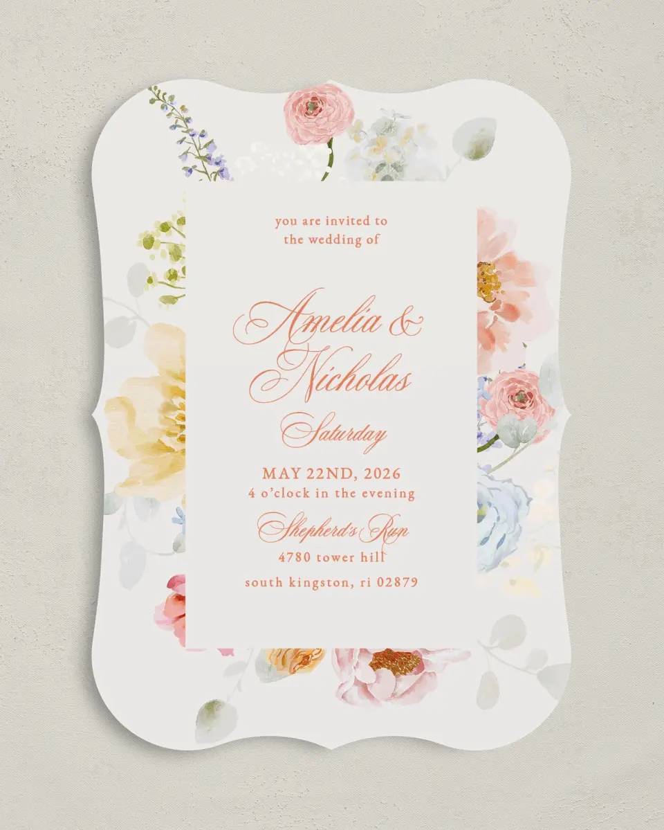This is a 5" x 7" Bracket Wedding Invitation called Forever Favorite printed in full color with Silver foil on Luxe Satin (coated) paper