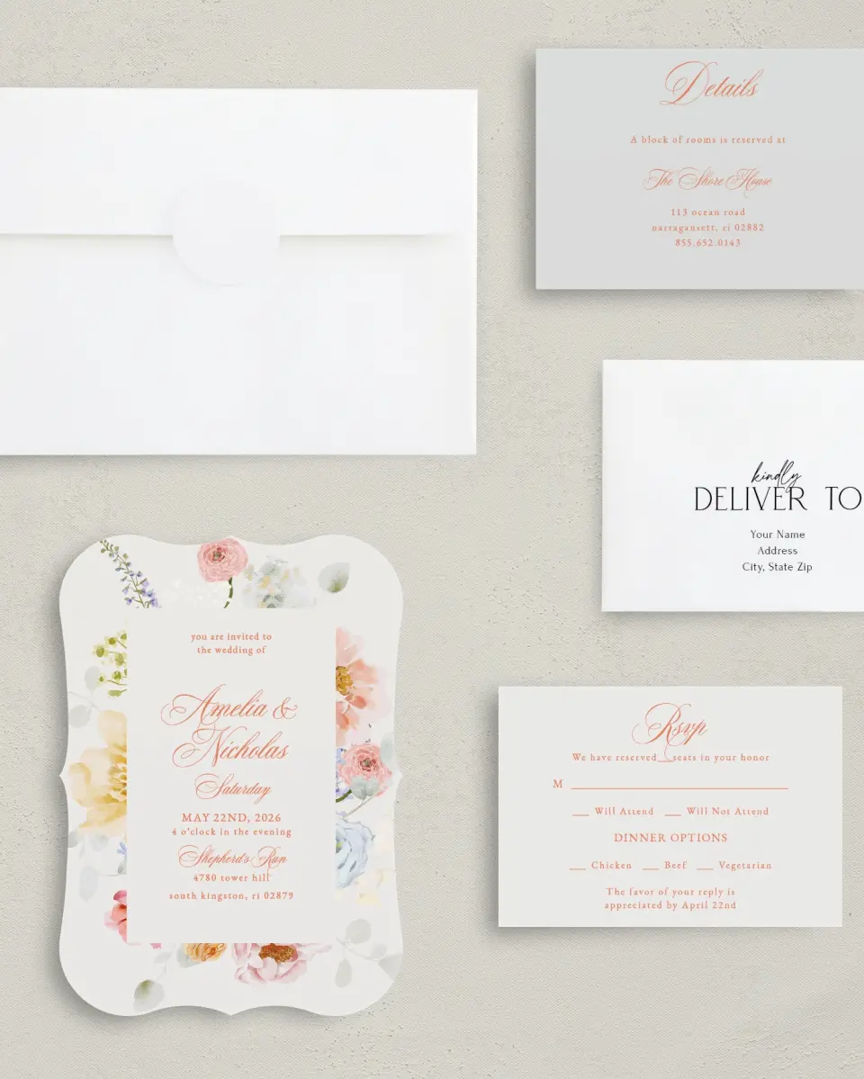 This is a 5" x 7" Bracket Wedding Invitation called Forever Favorite printed in full color with Silver foil on Luxe Satin (coated) paper