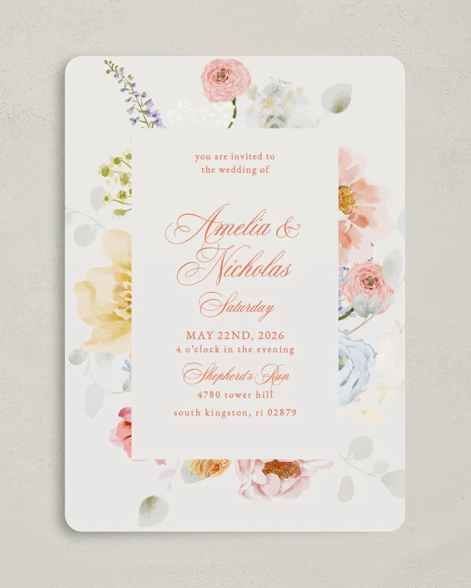 This is a 5" x 7" Rounded Wedding Invitation called Forever Favorite printed in full color on Premium Smooth paper
