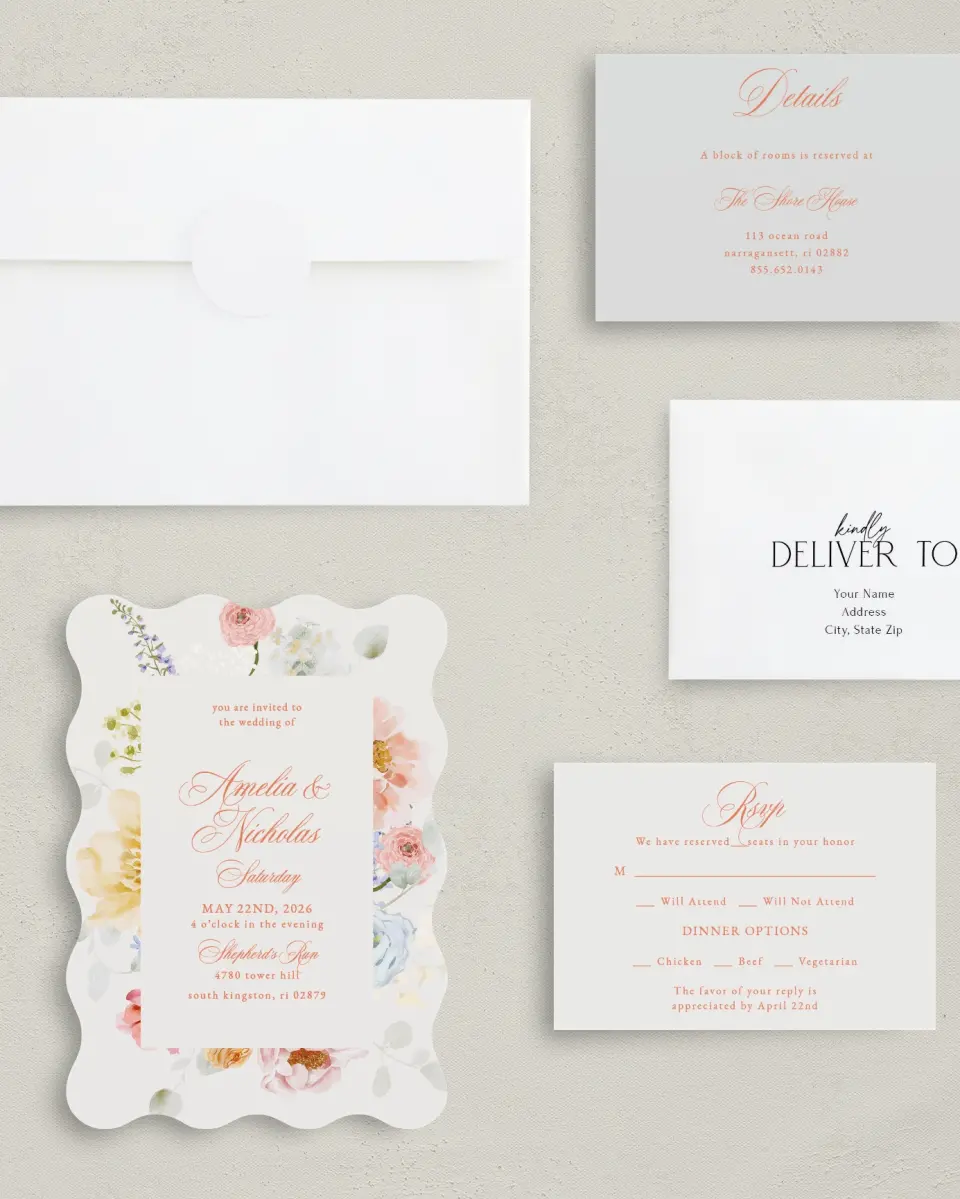 This is a 5" x 7" Wavy Wedding Invitation called Forever Favorite printed in full color with Silver foil on Luxe Satin (coated) paper