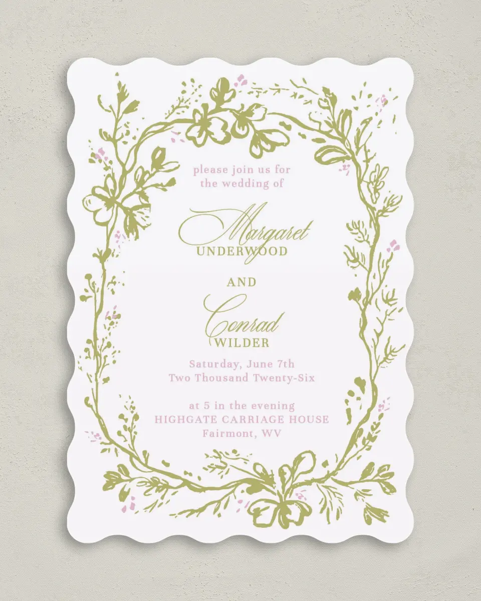 This is a 5" x 7" Wavy Wedding Invitation called Evening in Bloom printed in full color on Premium Smooth paper