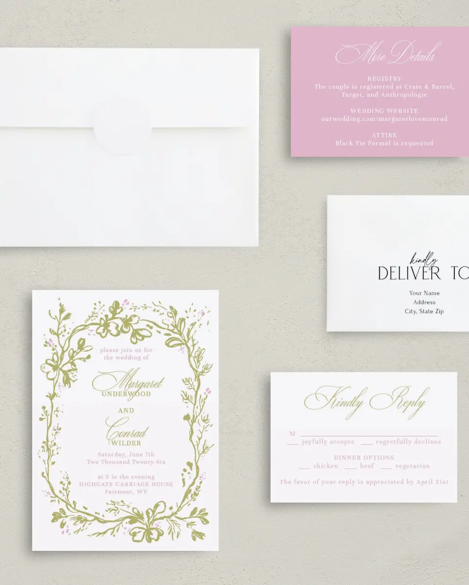 This is a 5" x 7" Classic Wedding Invitation called Evening in Bloom printed in full color with Gold foil on Luxe Satin (coated) paper