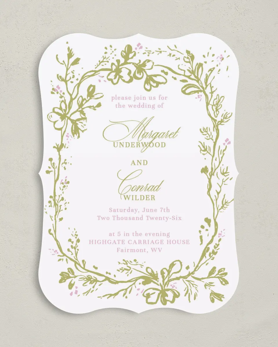 This is a 5" x 7" Bracket Wedding Invitation called Evening in Bloom printed in full color with Silver foil on Luxe Satin (coated) paper