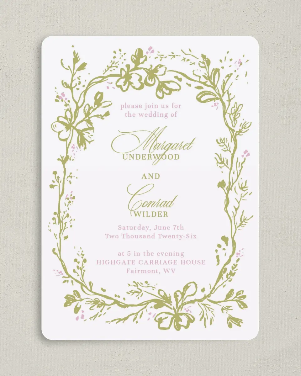 This is a 5" x 7" Rounded Wedding Invitation called Evening in Bloom printed in full color on Premium Smooth paper