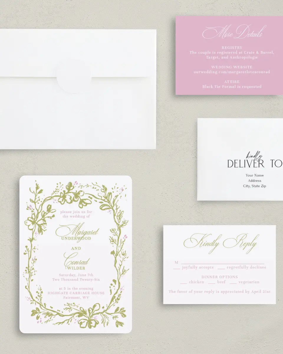 This is a 5" x 7" Rounded Wedding Invitation called Evening in Bloom printed in full color with Gold foil on Luxe Satin (coated) paper
