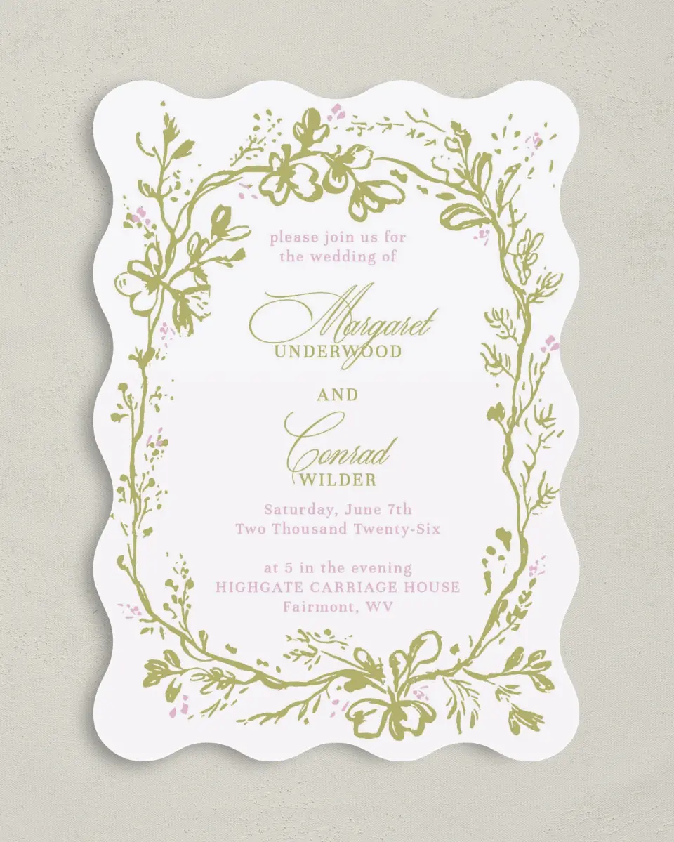 This is a 5" x 7" Wavy Wedding Invitation called Evening in Bloom printed in full color on Premium Smooth paper