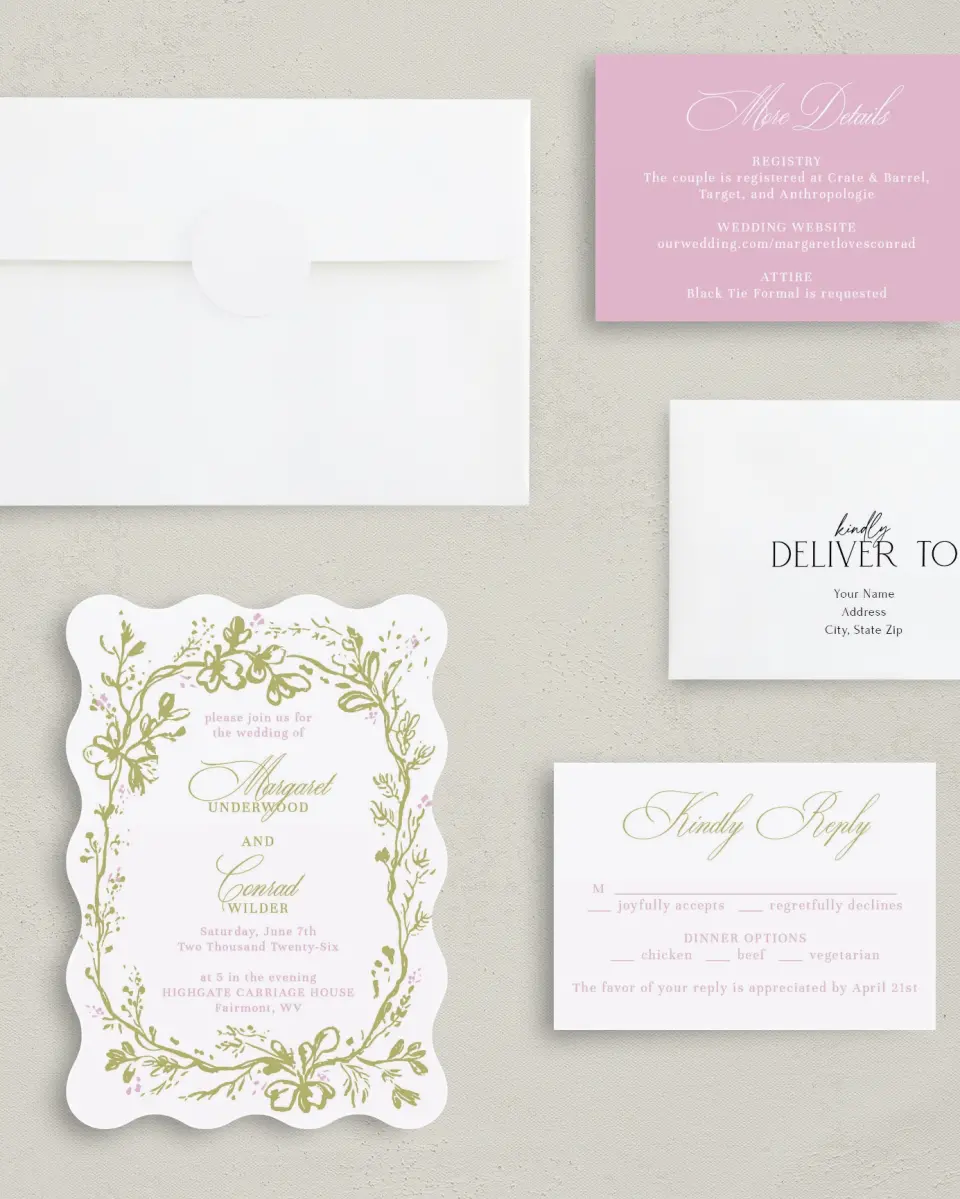This is a 5" x 7" Wavy Wedding Invitation called Evening in Bloom printed in full color with Silver foil on Luxe Satin (coated) paper
