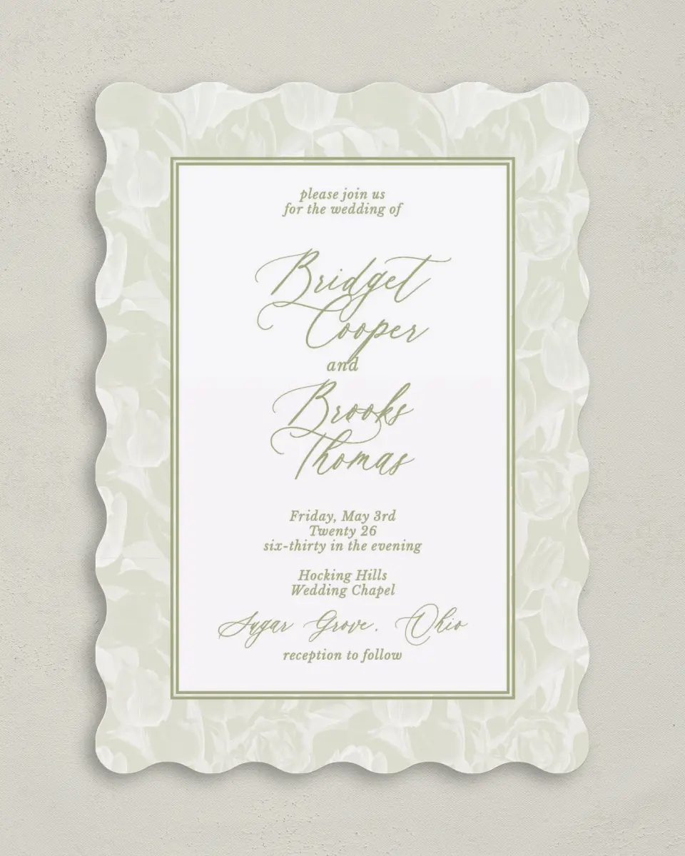 This is a 5" x 7" Wavy Wedding Invitation called Timeless Tulips printed in full color on Premium Smooth paper