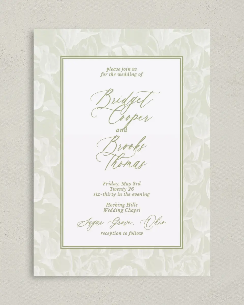 This is a 5" x 7" Classic Wedding Invitation called Timeless Tulips printed in full color on Premium Smooth paper