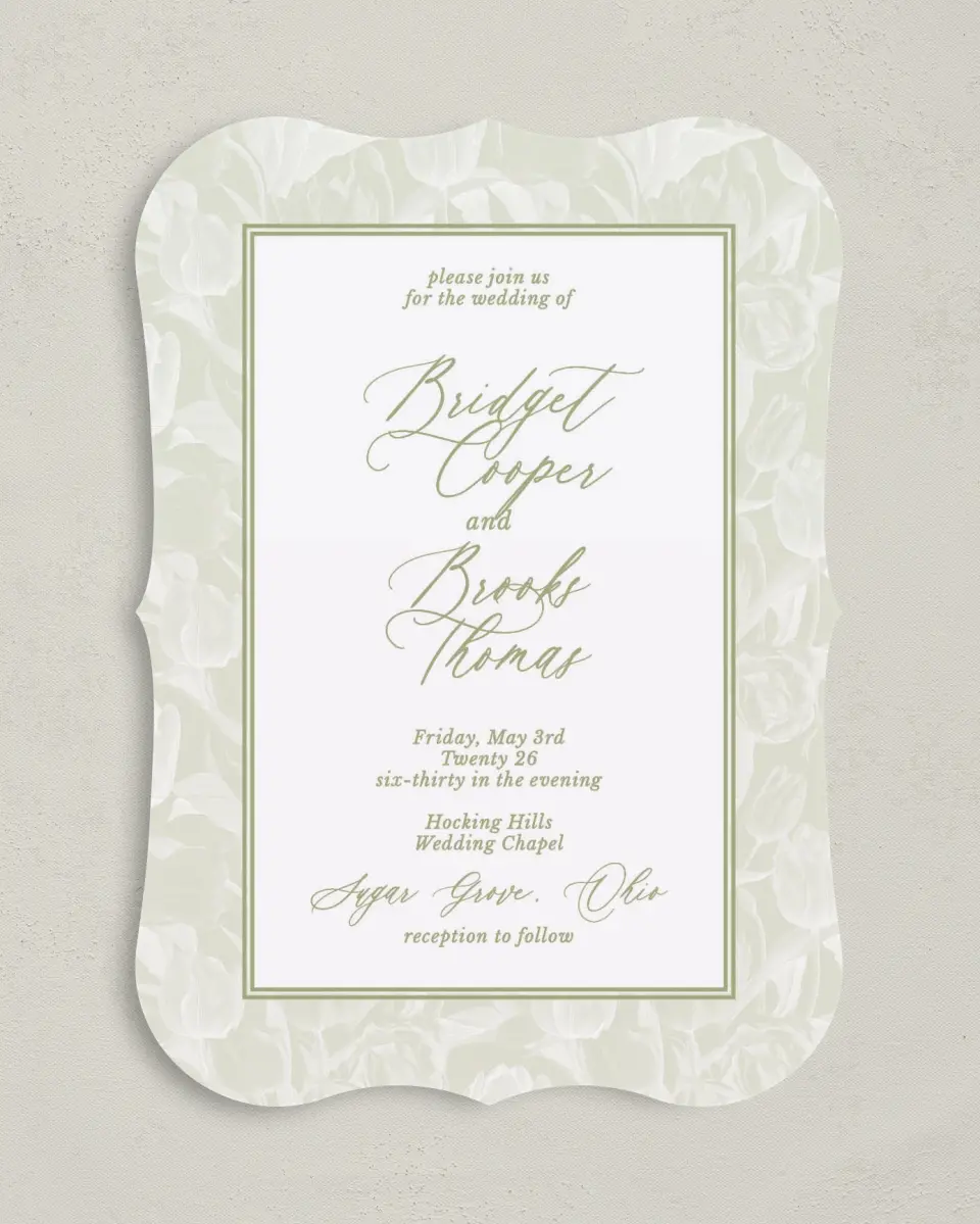This is a 5" x 7" Bracket Wedding Invitation called Timeless Tulips printed in full color with Silver foil on Luxe Satin (coated) paper
