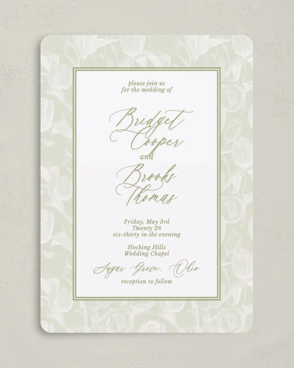 This is a 5" x 7" Rounded Wedding Invitation called Timeless Tulips printed in full color on Premium Smooth paper