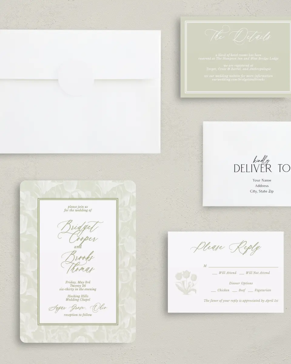 This is a 5" x 7" Rounded Wedding Invitation called Timeless Tulips printed in full color with Rose Gold foil on Luxe Satin (coated) paper