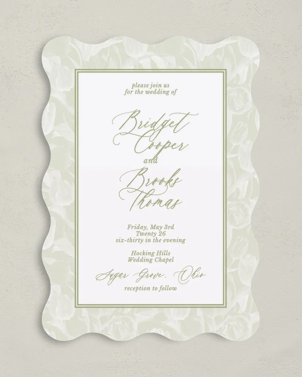 This is a 5" x 7" Wavy Wedding Invitation called Timeless Tulips printed in full color with Silver foil on Luxe Satin (coated) paper