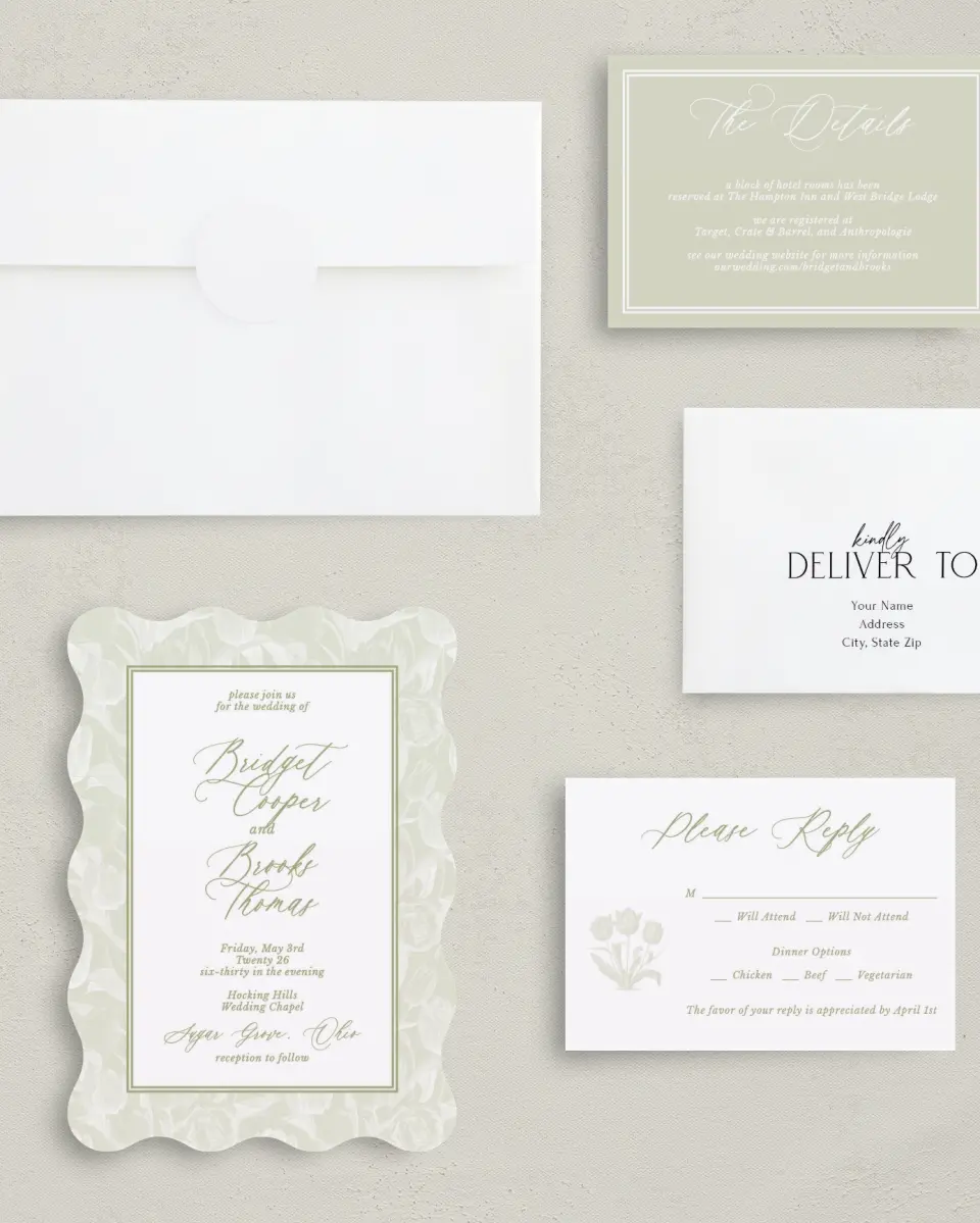 This is a 5" x 7" Wavy Wedding Invitation called Timeless Tulips printed in full color with Silver foil on Luxe Satin (coated) paper