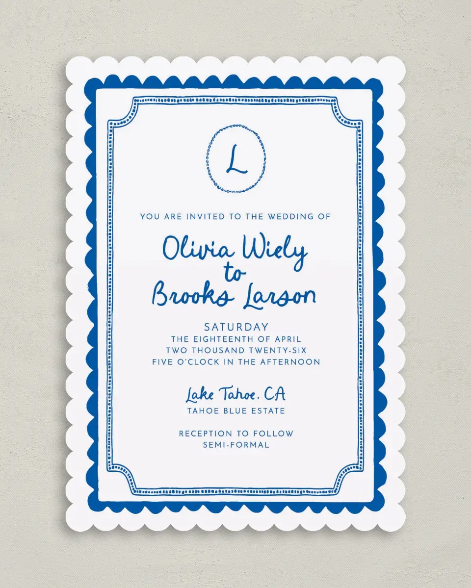 This is a 5" x 7" Classic Wedding Invitation called Scalloped Elegance printed in full color on Premium Smooth paper