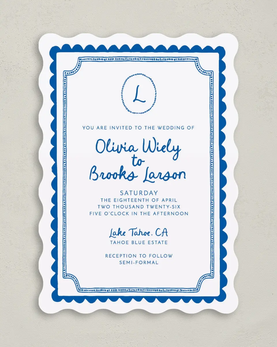 This is a 5" x 7" Wavy Wedding Invitation called Scalloped Elegance printed in full color on Premium Smooth paper