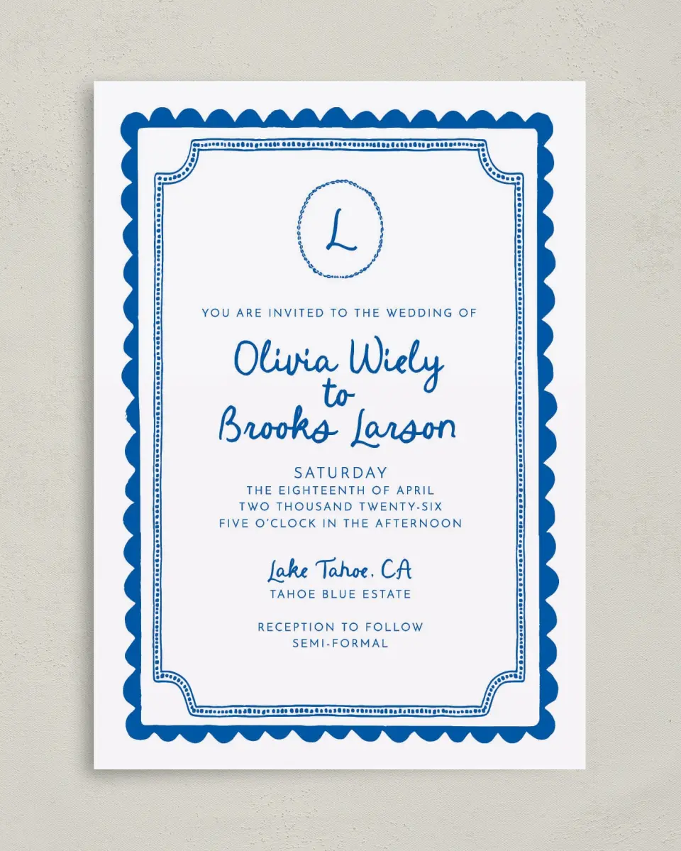 This is a 5" x 7" Classic Wedding Invitation called Scalloped Elegance printed in full color with Silver foil on Luxe Satin (coated) paper