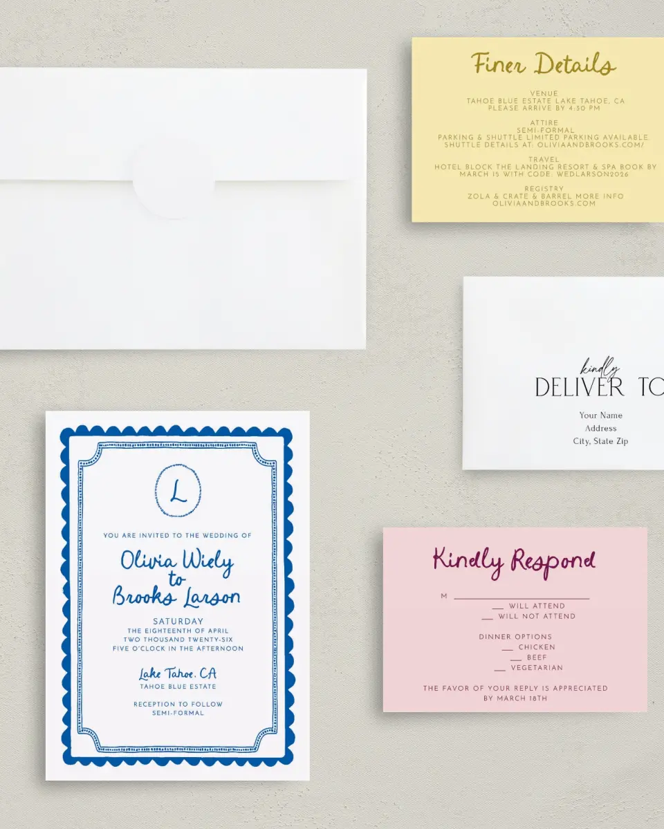 This is a 5" x 7" Classic Wedding Invitation called Scalloped Elegance printed in full color with Silver foil on Luxe Satin (coated) paper