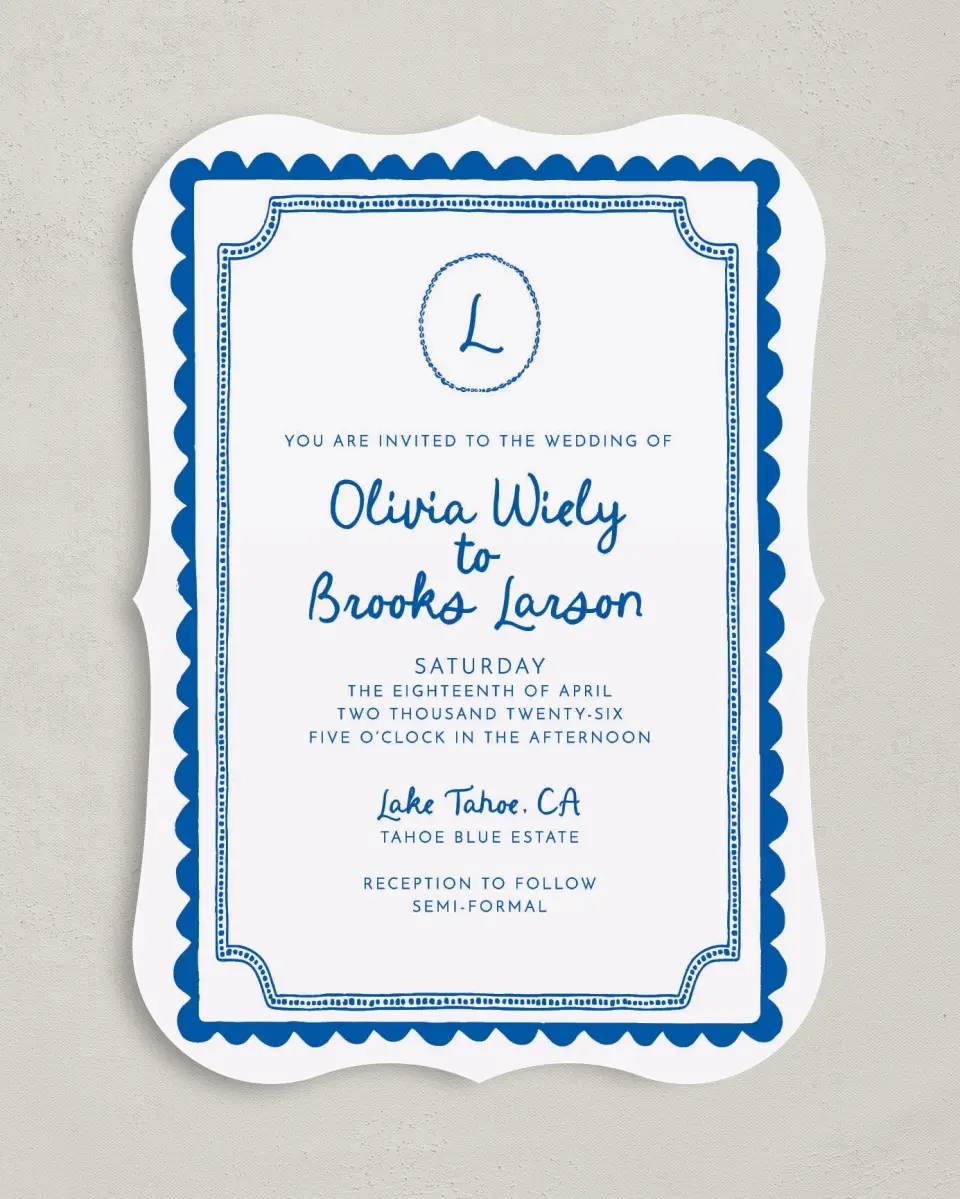 This is a 5" x 7" Bracket Wedding Invitation called Scalloped Elegance printed in full color with Silver foil on Luxe Satin (coated) paper