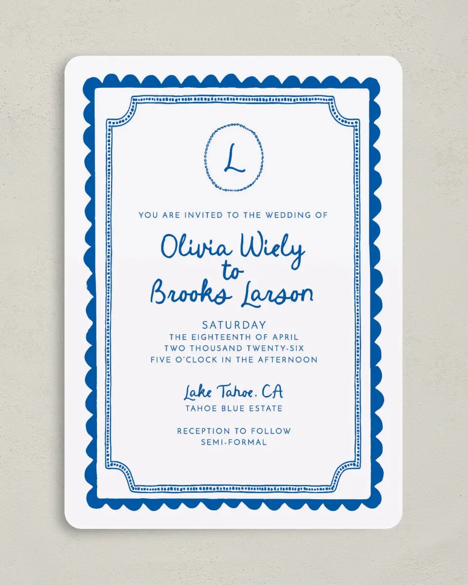 This is a 5" x 7" Rounded Wedding Invitation called Scalloped Elegance printed in full color on Premium Smooth paper