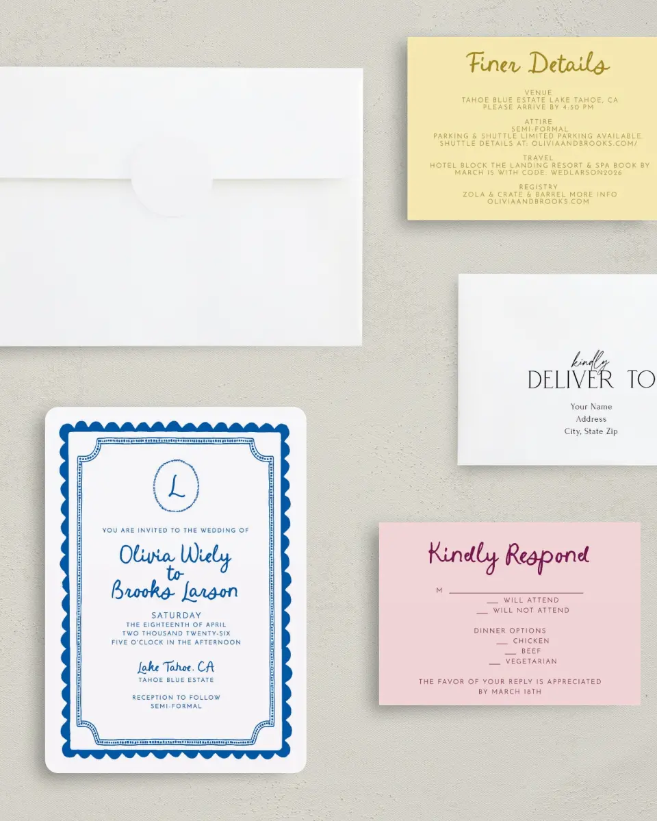 This is a 5" x 7" Rounded Wedding Invitation called Scalloped Elegance printed in full color with Silver foil on Luxe Satin (coated) paper