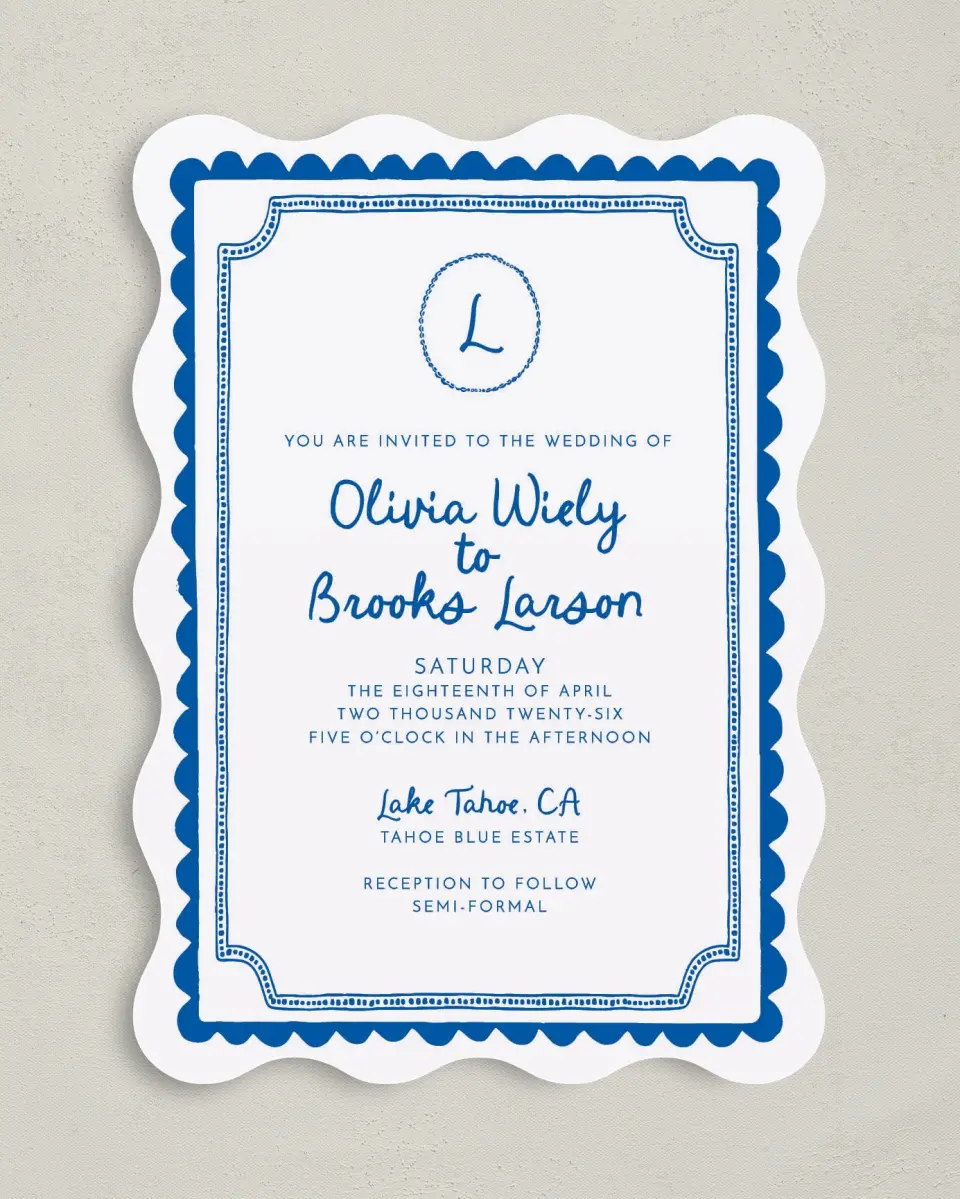 This is a 5" x 7" Wavy Wedding Invitation called Scalloped Elegance printed in full color on Premium Smooth paper