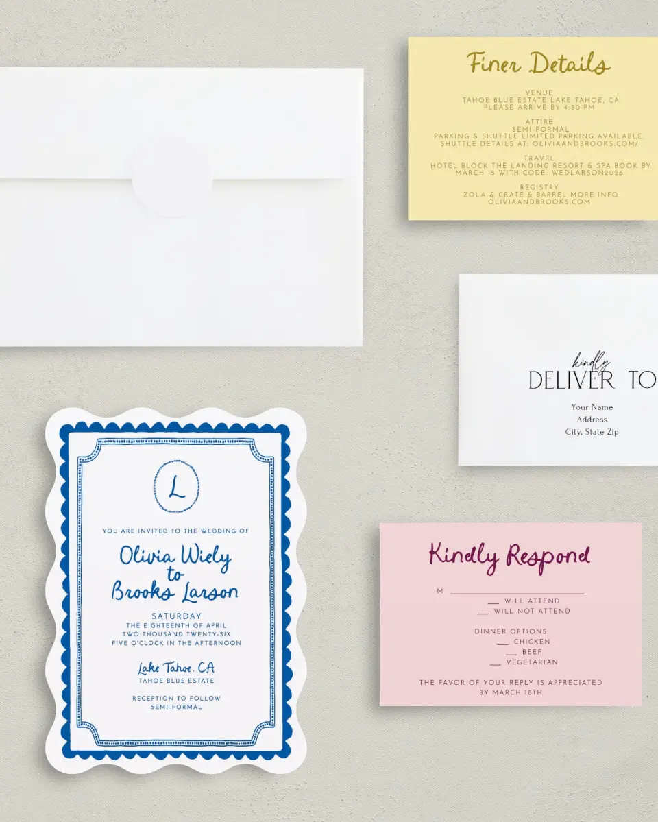 This is a 5" x 7" Wavy Wedding Invitation called Scalloped Elegance printed in full color with Gold foil on Luxe Satin (coated) paper