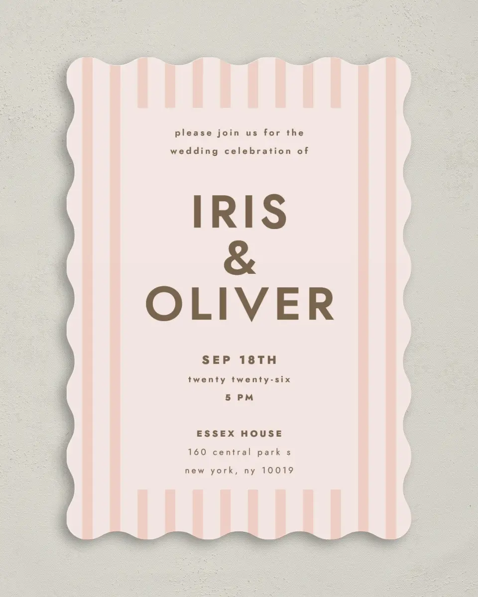 This is a 5" x 7" Wavy Wedding Invitation called Serendipity & Stripes printed in full color on Premium Smooth paper