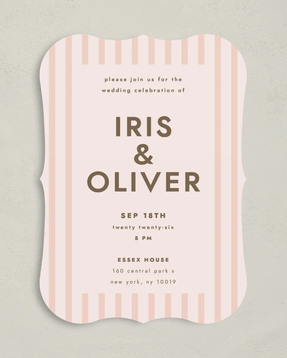 This is a 5" x 7" Bracket Wedding Invitation called Serendipity & Stripes printed in full color with Silver foil on Luxe Satin (coated) paper