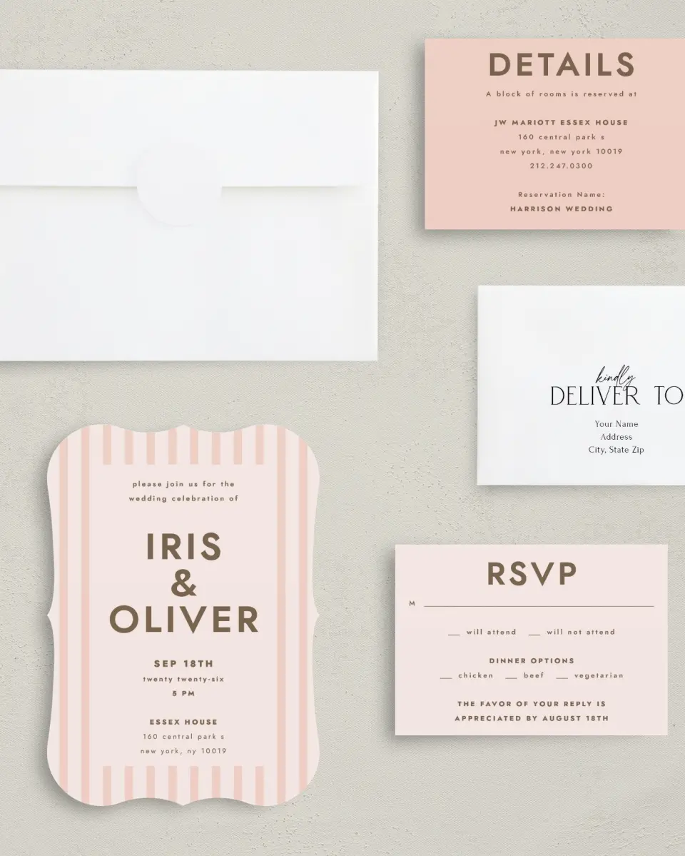This is a 5" x 7" Bracket Wedding Invitation called Serendipity & Stripes printed in full color with Silver foil on Luxe Satin (coated) paper