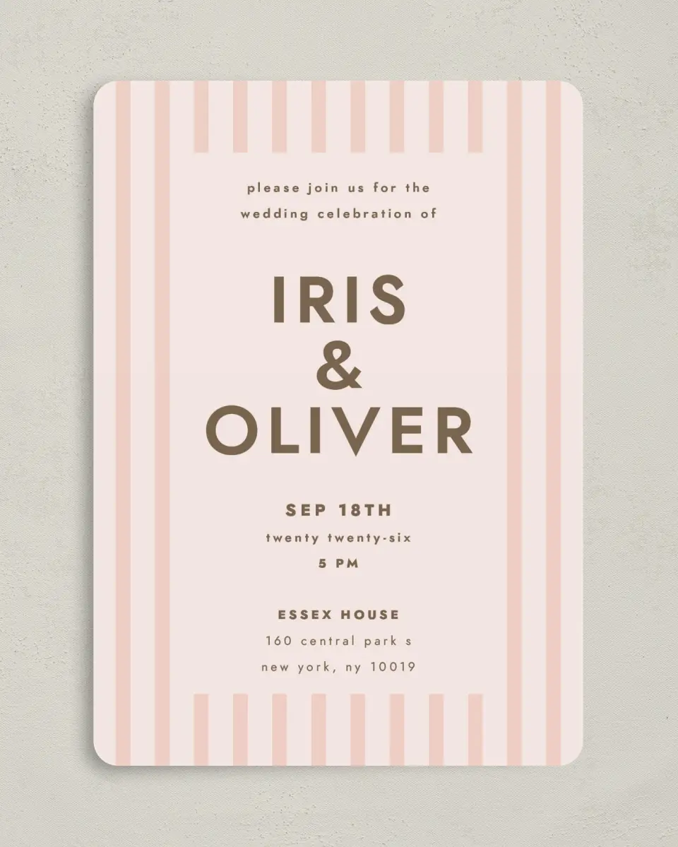 This is a 5" x 7" Rounded Wedding Invitation called Serendipity & Stripes printed in full color on Premium Smooth paper