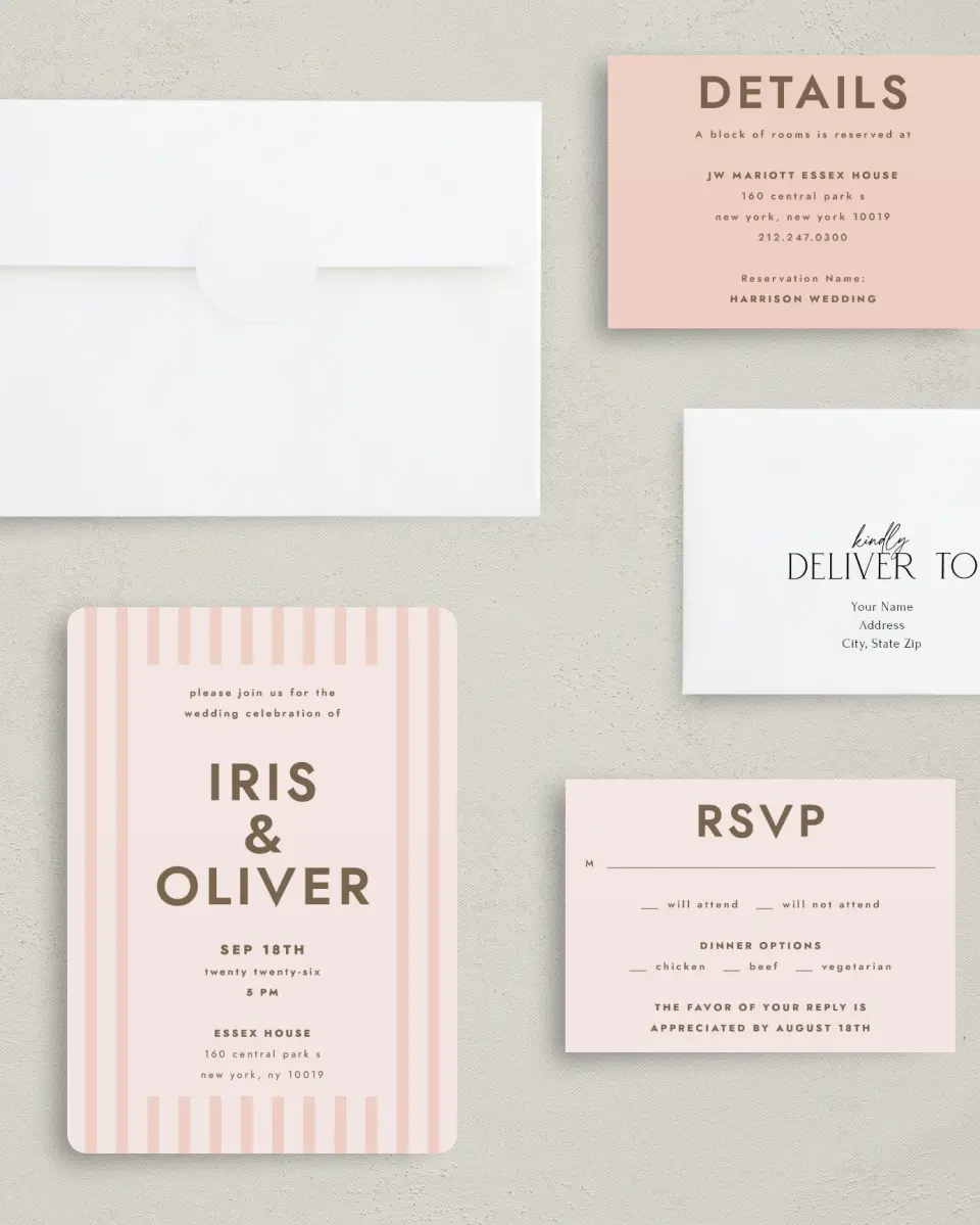 This is a 5" x 7" Rounded Wedding Invitation called Serendipity & Stripes printed in full color with Rose Gold foil on Luxe Satin (coated) paper
