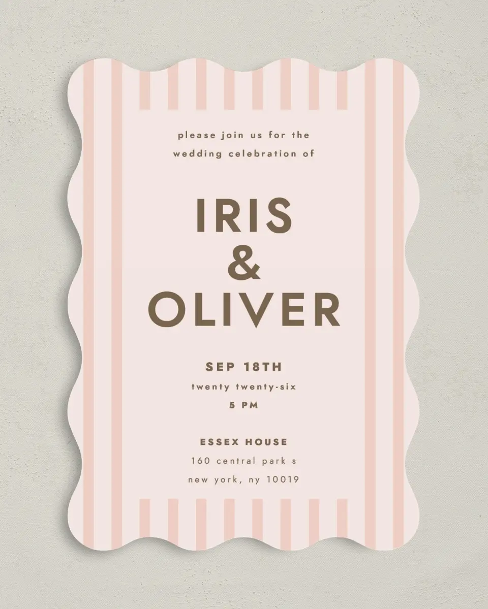 This is a 5" x 7" Wavy Wedding Invitation called Serendipity & Stripes printed in full color on Premium Smooth paper