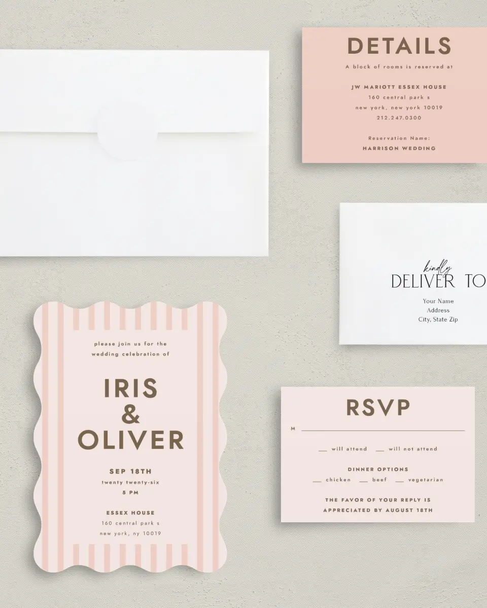 This is a 5" x 7" Wavy Wedding Invitation called Serendipity & Stripes printed in full color with Silver foil on Luxe Satin (coated) paper