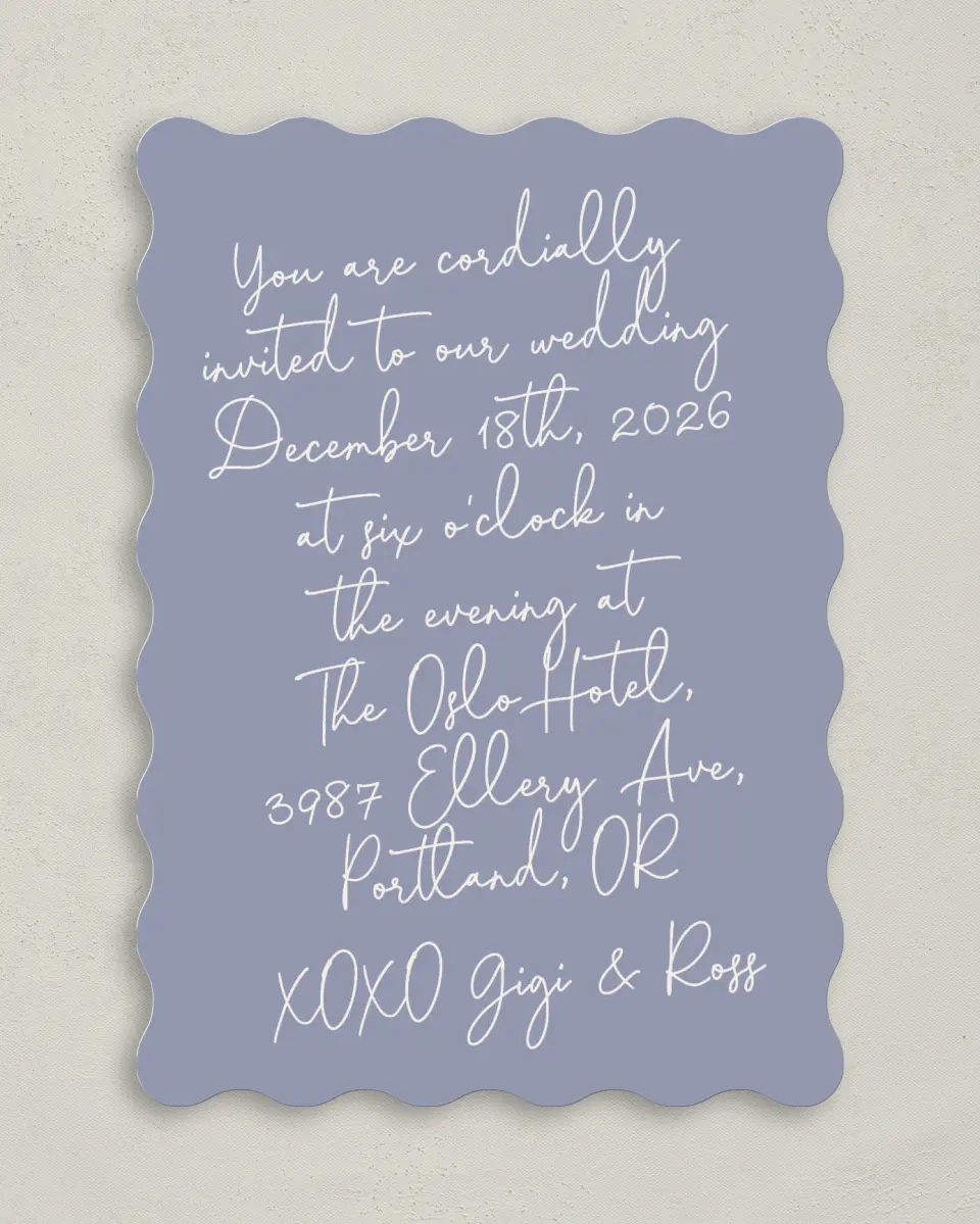 This is a 5" x 7" Wavy Wedding Invitation called Yours Truly printed in full color on Premium Smooth paper