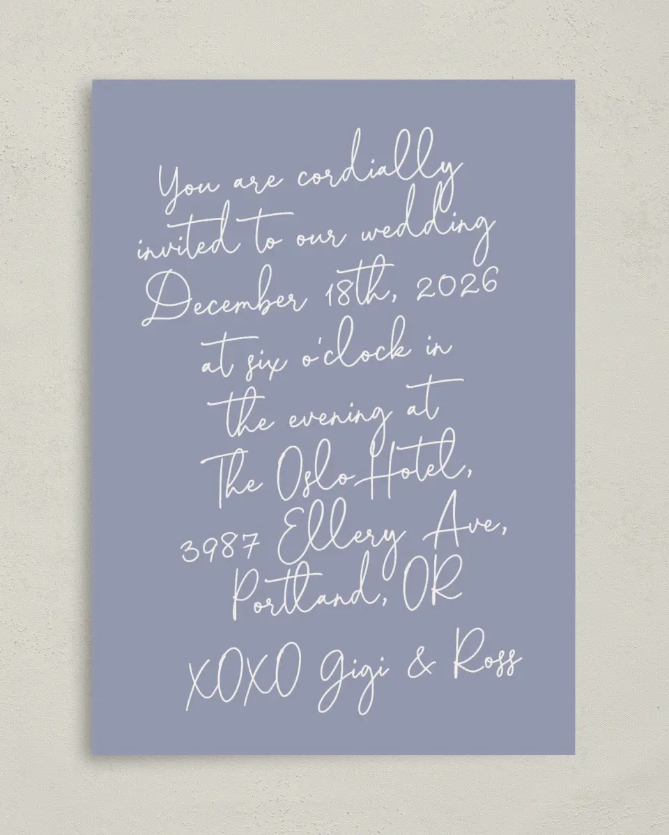This is a 5" x 7" Classic Wedding Invitation called Yours Truly printed in full color on Premium Smooth paper