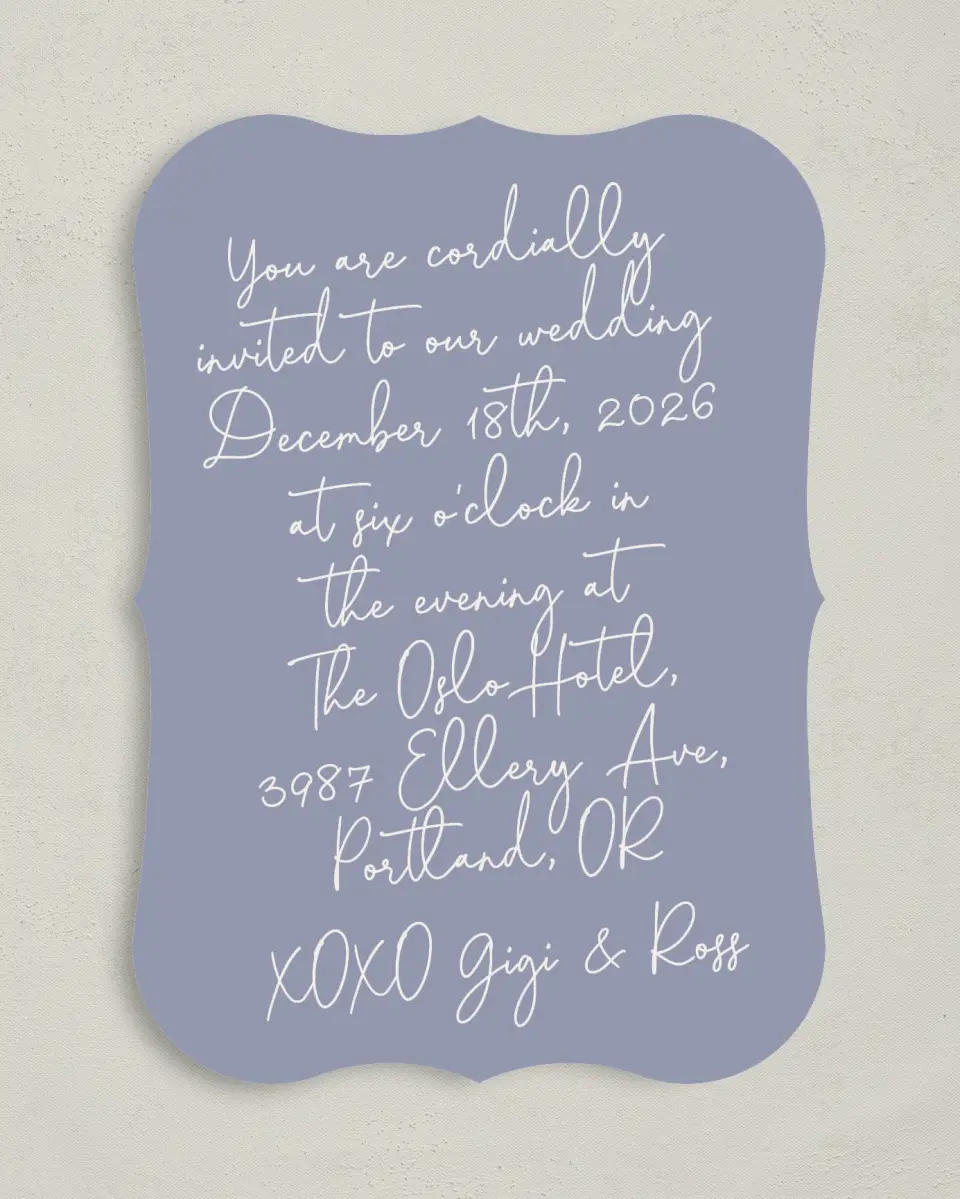 This is a 5" x 7" Bracket Wedding Invitation called Yours Truly printed in full color on Premium Smooth paper