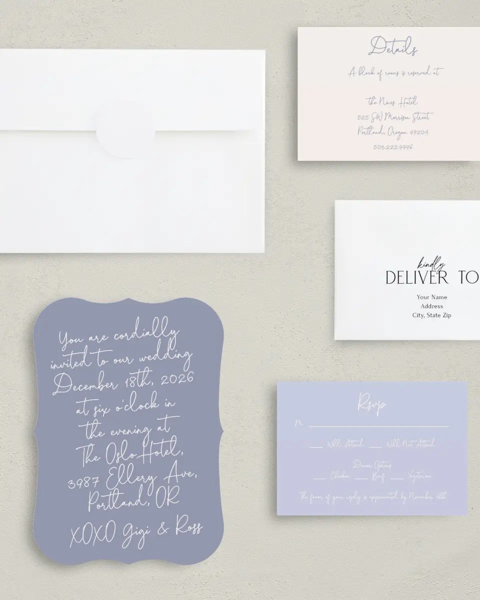 This is a 5" x 7" Bracket Wedding Invitation called Yours Truly printed in full color with Silver foil on Luxe Satin (coated) paper