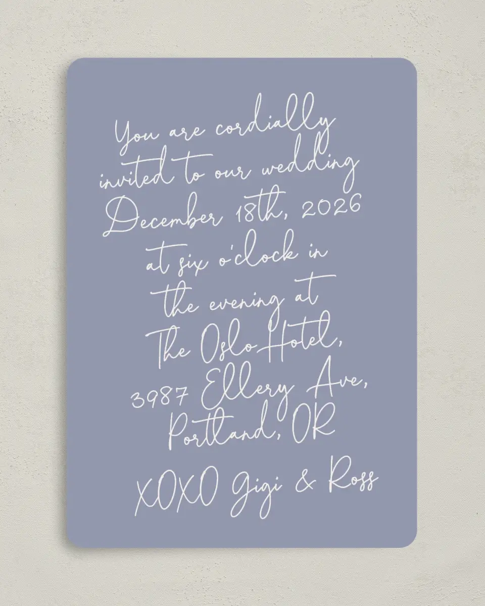 This is a 5" x 7" Rounded Wedding Invitation called Yours Truly printed in full color on Premium Smooth paper