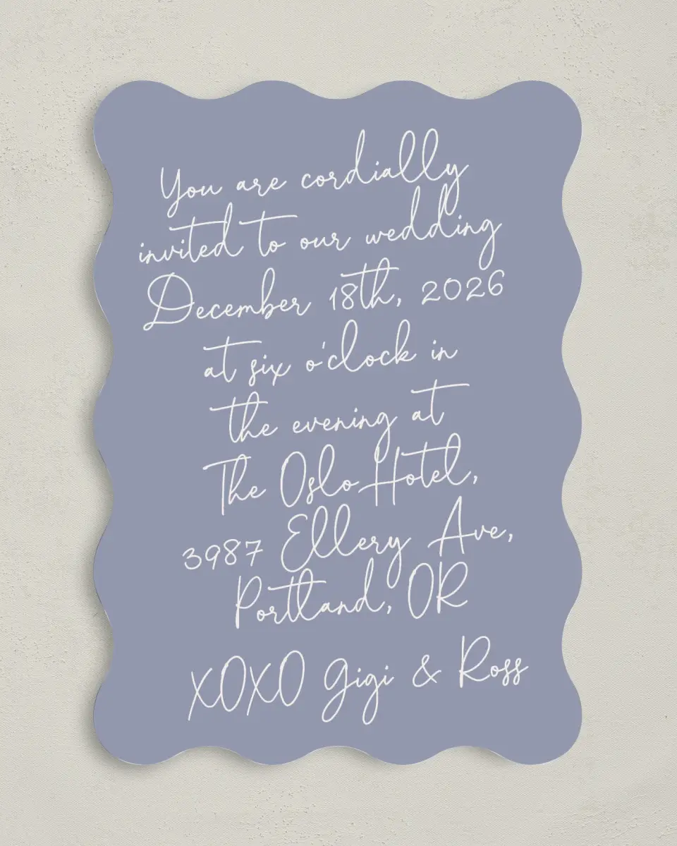 This is a 5" x 7" Wavy Wedding Invitation called Yours Truly printed in full color on Premium Smooth paper
