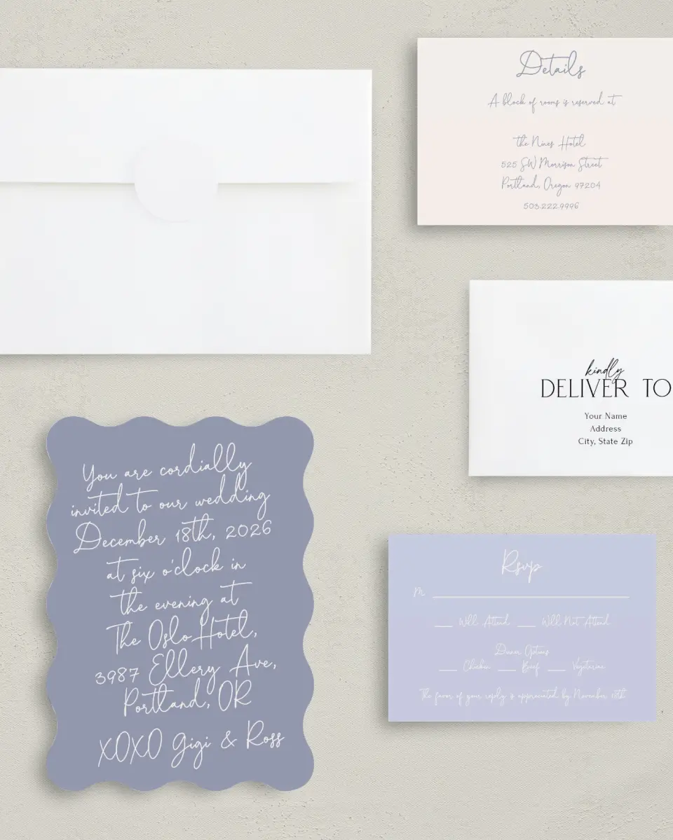 This is a 5" x 7" Wavy Wedding Invitation called Yours Truly printed in full color with Silver foil on Luxe Satin (coated) paper