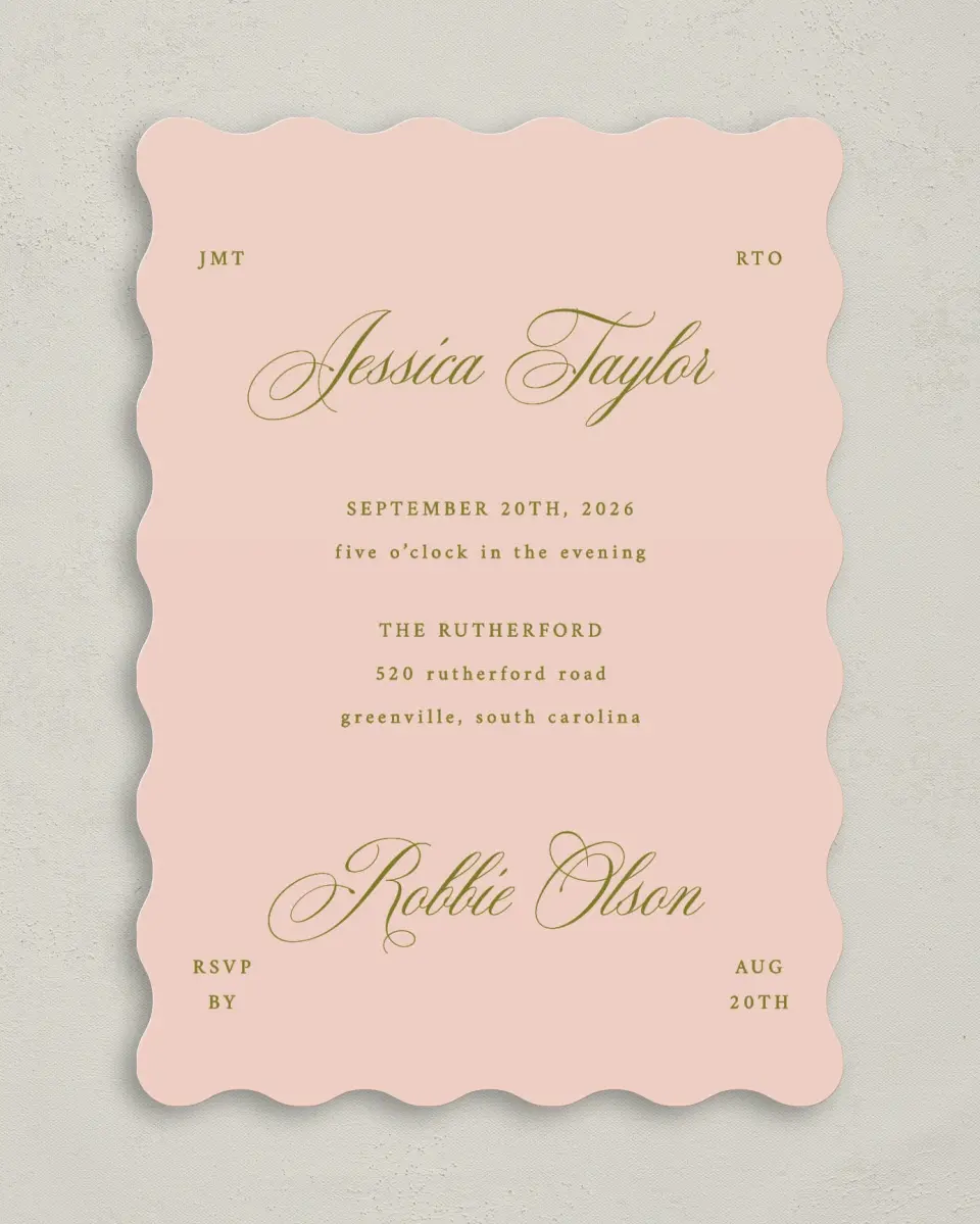 This is a 5" x 7" Wavy Wedding Invitation called Love Off Script printed in full color on Premium Smooth paper