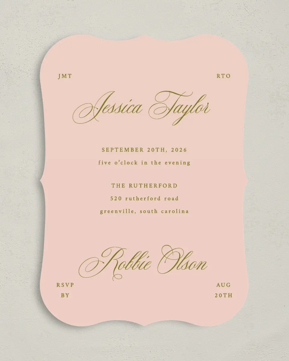 This is a 5" x 7" Bracket Wedding Invitation called Love Off Script printed in full color on Premium Smooth paper