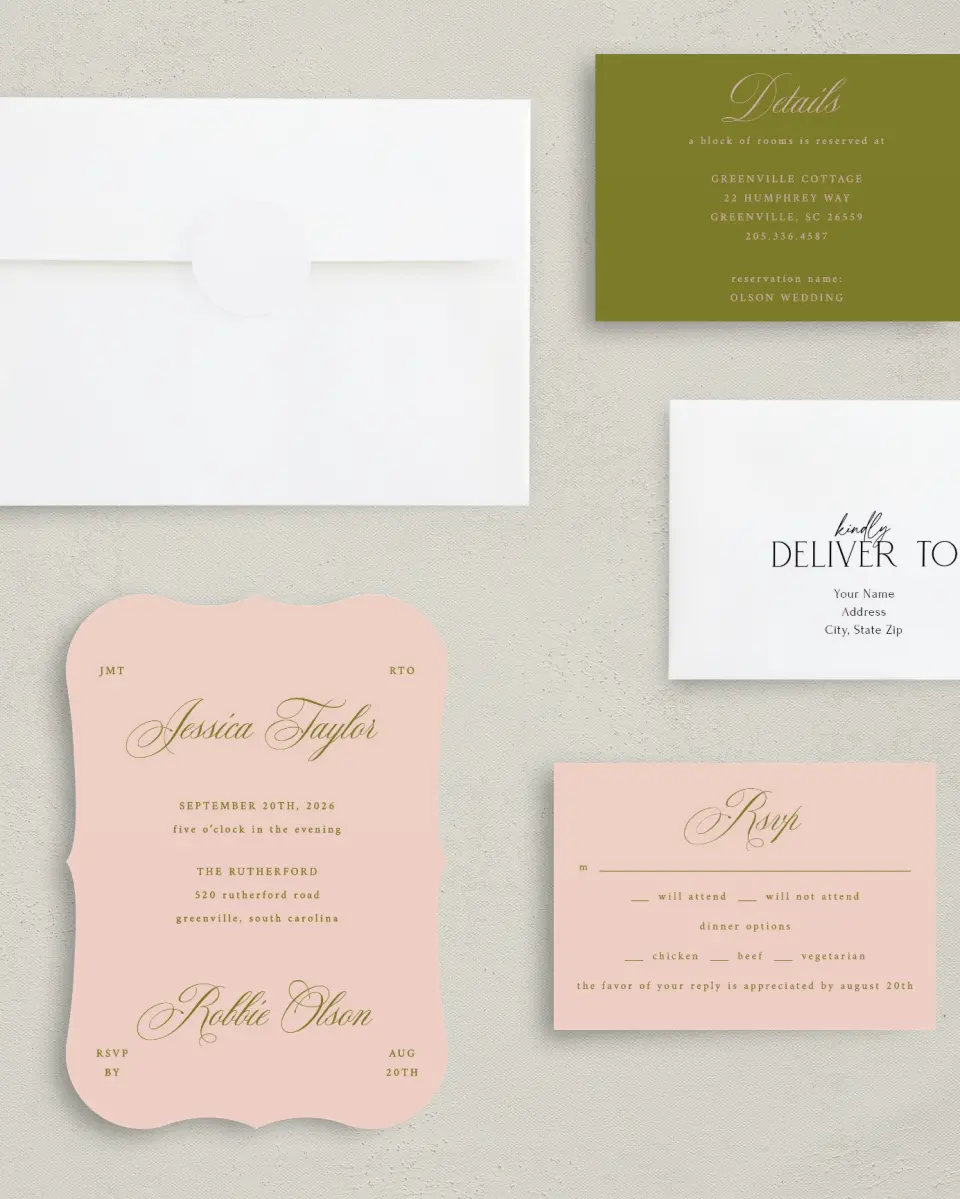 This is a 5" x 7" Bracket Wedding Invitation called Love Off Script printed in full color with Silver foil on Luxe Satin (coated) paper