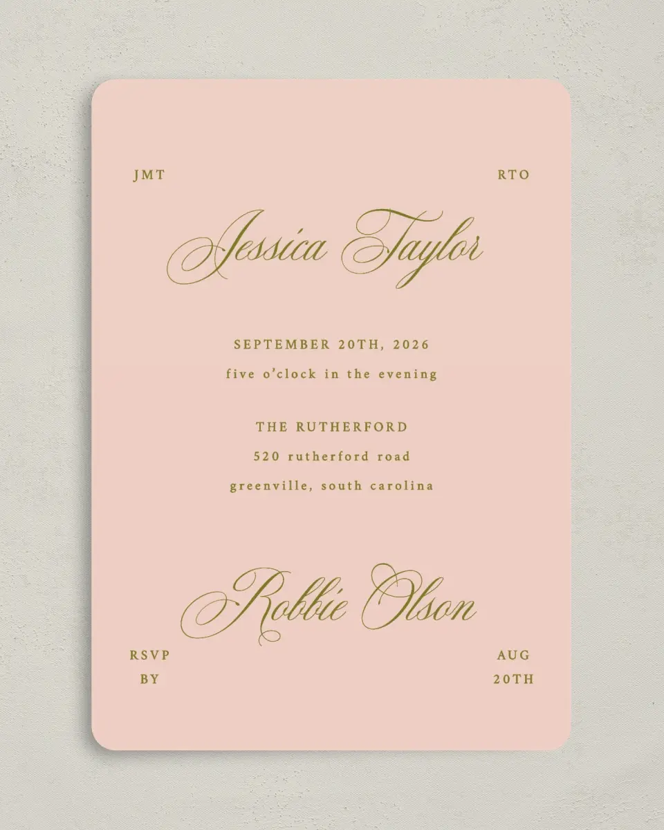 This is a 5" x 7" Rounded Wedding Invitation called Love Off Script printed in full color on Premium Smooth paper