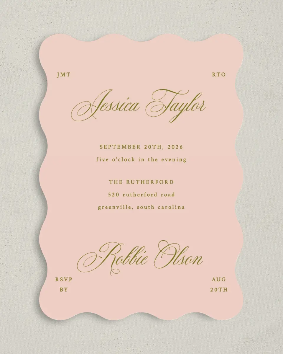 This is a 5" x 7" Wavy Wedding Invitation called Love Off Script printed in full color on Premium Smooth paper